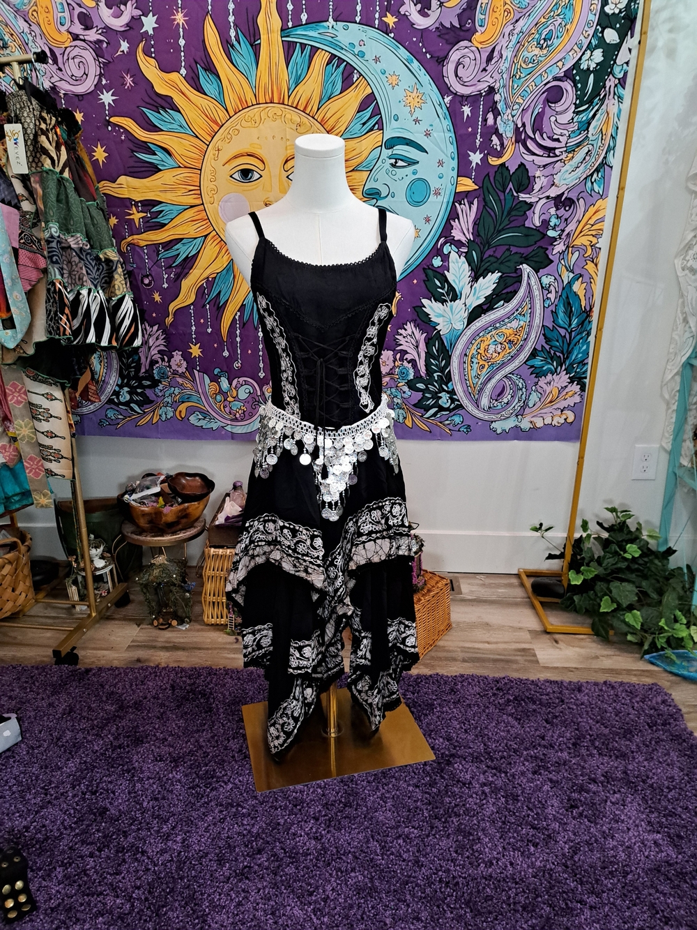 Midnight Moon Dancer Outfit | Black Embroidered Fairy Dress & Egyptian Coin Hip
